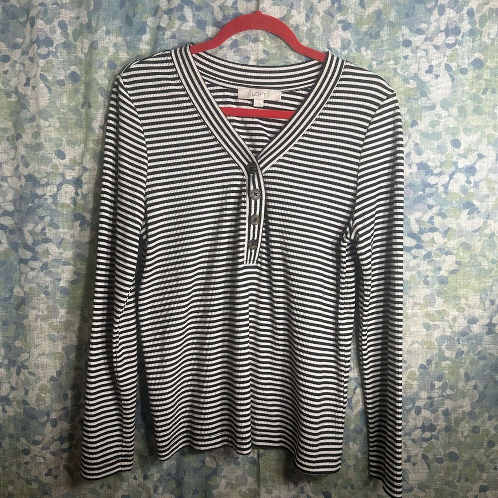 LOFT Black Shimmer Stripe Long Sleeve Henley Top L